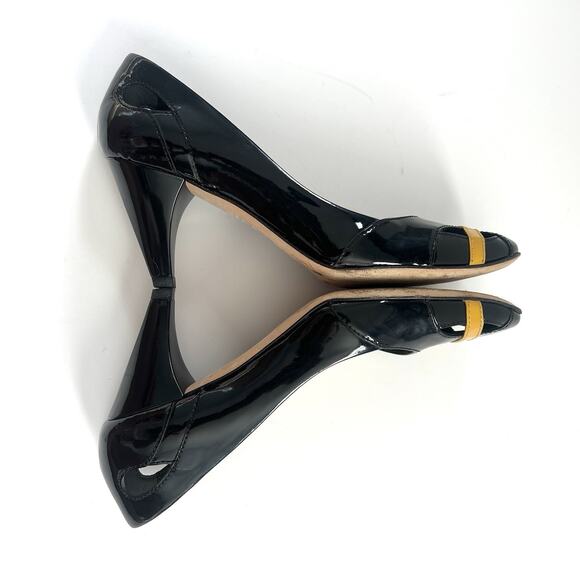 Tod's Women Black Yellow Band Patent Leather Square Toe Cut Out Heels 36 / 6 - Picture 10 of 13